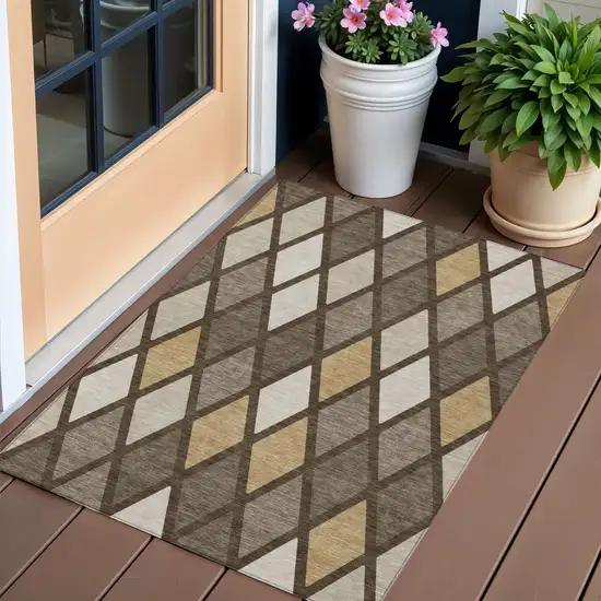 Brown Beige And Ivory Geometric Washable Indoor Outdoor Area Rug Photo 1