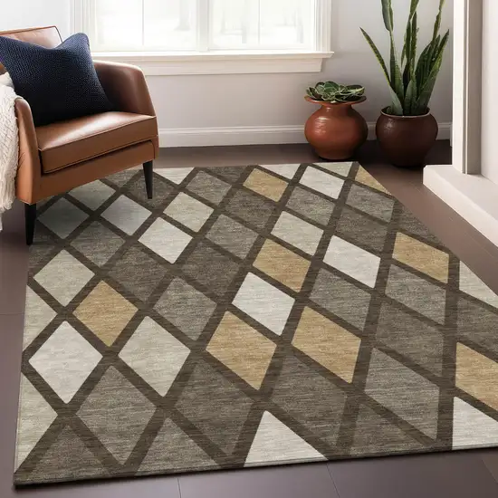 Brown Beige And Ivory Geometric Washable Indoor Outdoor Area Rug Photo 9