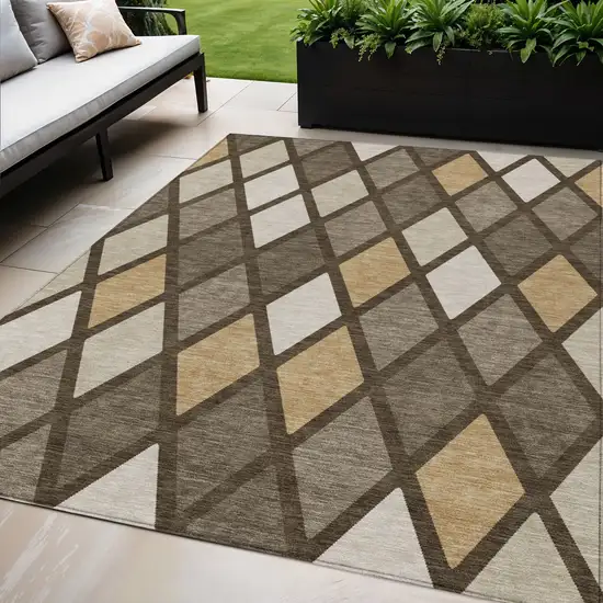 Brown Beige And Ivory Geometric Washable Indoor Outdoor Area Rug Photo 1