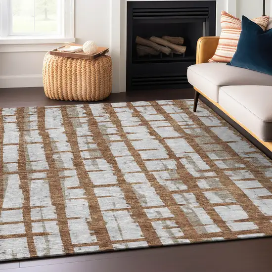 Brown Beige And Ivory Striped Washable Indoor Outdoor Area Rug Photo 8