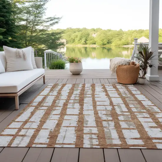 Brown Beige And Ivory Striped Washable Indoor Outdoor Area Rug Photo 8