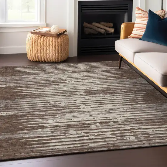 Brown Beige And Ivory Striped Washable Indoor Outdoor Area Rug Photo 8