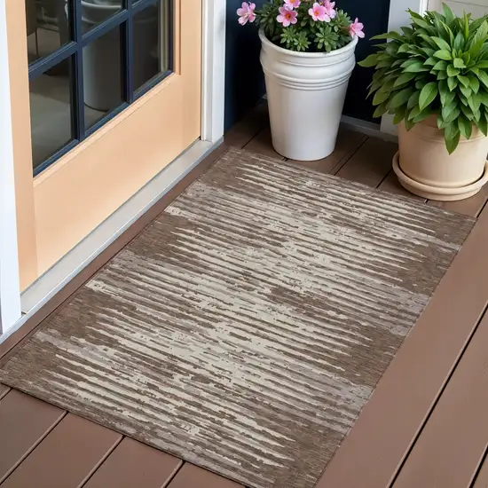 Brown Beige And Ivory Striped Washable Indoor Outdoor Area Rug Photo 1