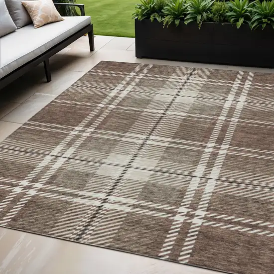 Brown Black And Ivory Plaid Washable Indoor Outdoor Area Rug Photo 1