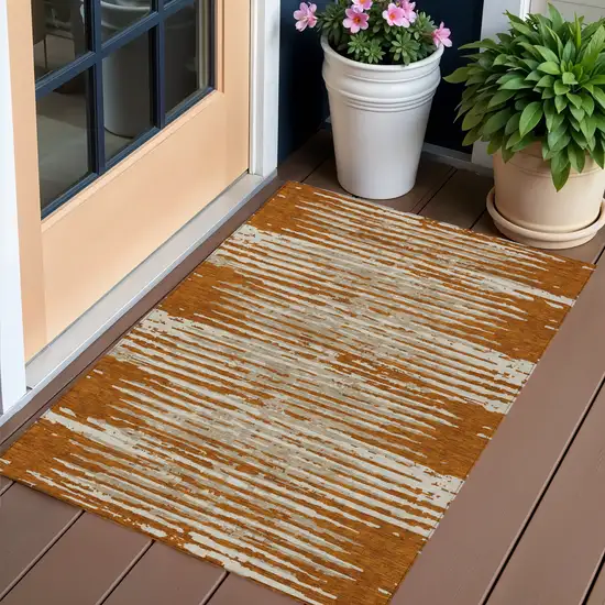 Brown Gray And Ivory Striped Washable Indoor Outdoor Area Rug Photo 1
