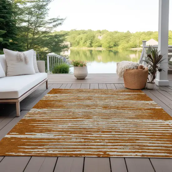 Brown Gray And Ivory Striped Washable Indoor Outdoor Area Rug Photo 8