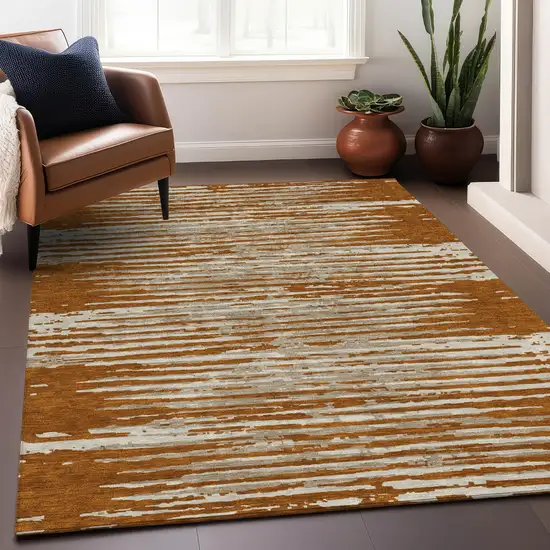 Brown Gray And Ivory Striped Washable Indoor Outdoor Area Rug Photo 9