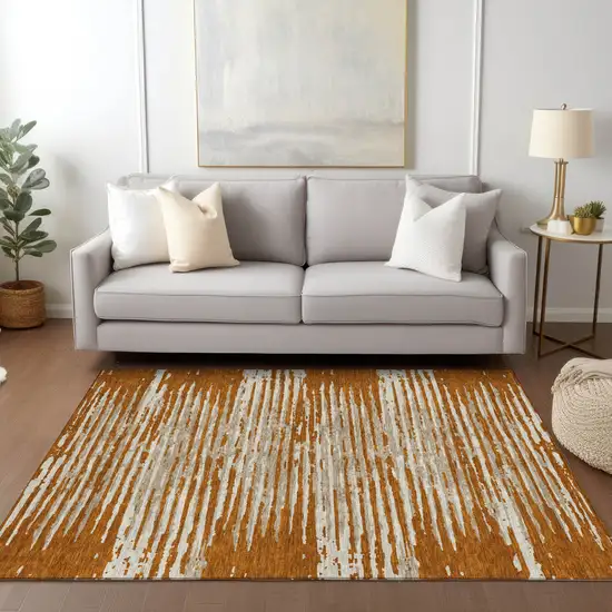 Brown Gray And Ivory Striped Washable Indoor Outdoor Area Rug Photo 9