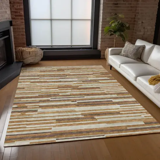 Brown Gray And Ivory Striped Washable Indoor Outdoor Area Rug Photo 9