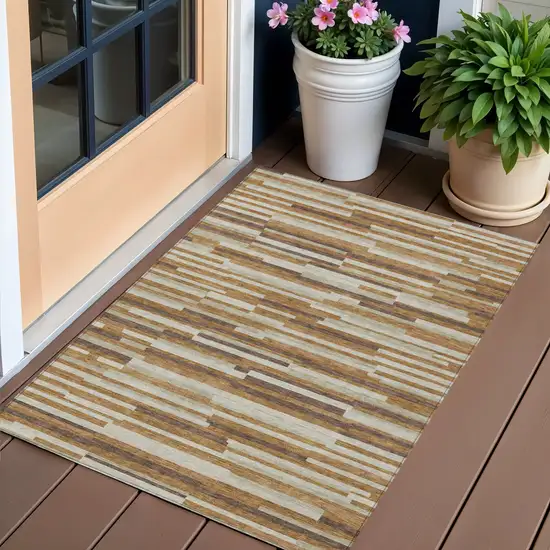 Brown Gray And Ivory Striped Washable Indoor Outdoor Area Rug Photo 1