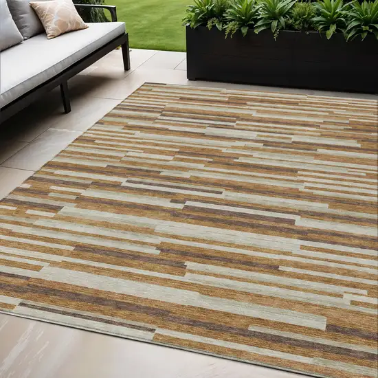Brown Gray And Ivory Striped Washable Indoor Outdoor Area Rug Photo 1