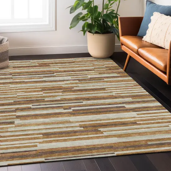 Brown Gray And Ivory Striped Washable Indoor Outdoor Area Rug Photo 9