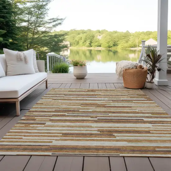 Brown Gray And Ivory Striped Washable Indoor Outdoor Area Rug Photo 8