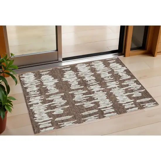 Brown Ivory And Gray Striped Washable Indoor Outdoor Area Rug Photo 1