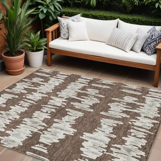 Brown Ivory And Gray Striped Washable Indoor Outdoor Area Rug Photo 1