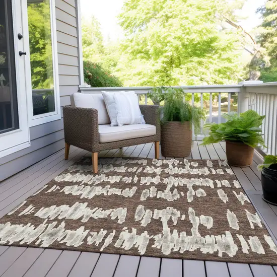 Brown Ivory And Gray Striped Washable Indoor Outdoor Area Rug Photo 9