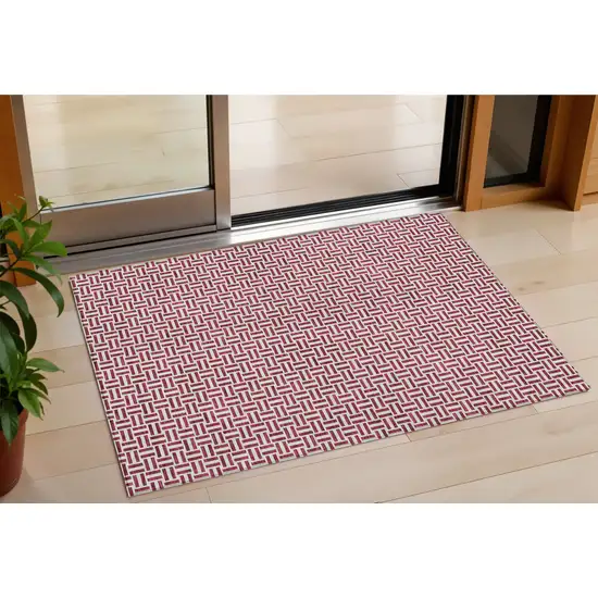 Burgundy And Ivory Geometric Washable Indoor Outdoor Area Rug Photo 1