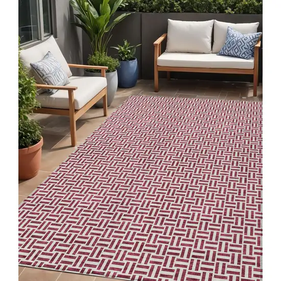 Burgundy And Ivory Geometric Washable Indoor Outdoor Area Rug Photo 1