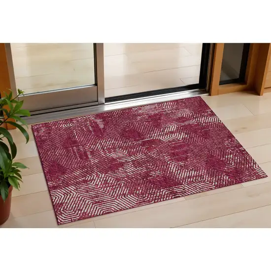 Burgundy And Ivory Geometric Washable Indoor Outdoor Area Rug Photo 1