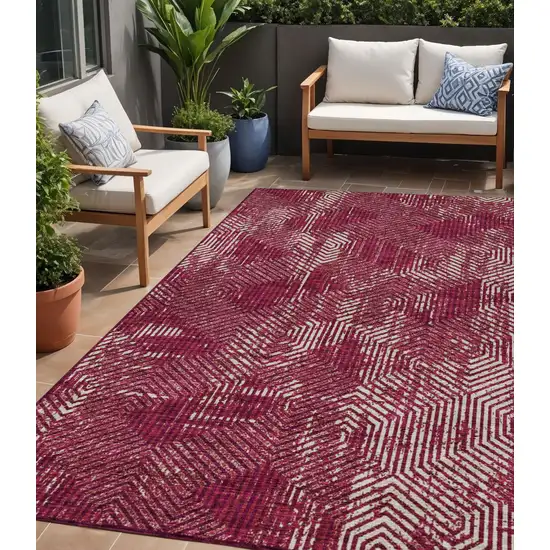 Burgundy And Ivory Geometric Washable Indoor Outdoor Area Rug Photo 1