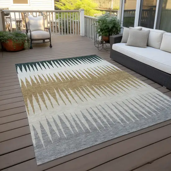 Charcoal Beige And Brown Striped Washable Indoor Outdoor Area Rug Photo 9