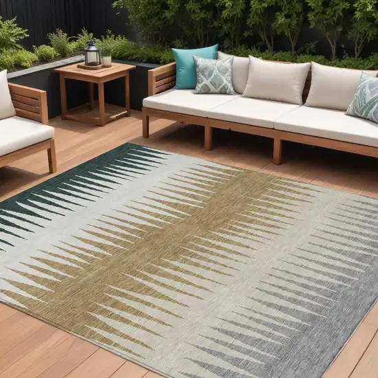 Charcoal Beige And Brown Striped Washable Indoor Outdoor Area Rug Photo 1
