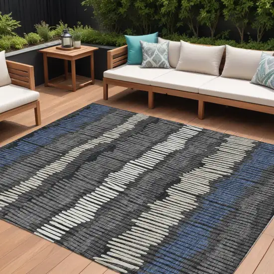 Charcoal Blue And Ivory Striped Washable Indoor Outdoor Area Rug Photo 1
