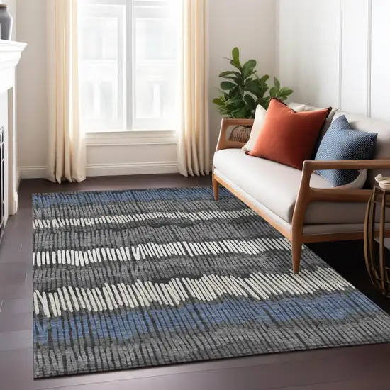 Charcoal Blue And Ivory Striped Washable Indoor Outdoor Area Rug Photo 9