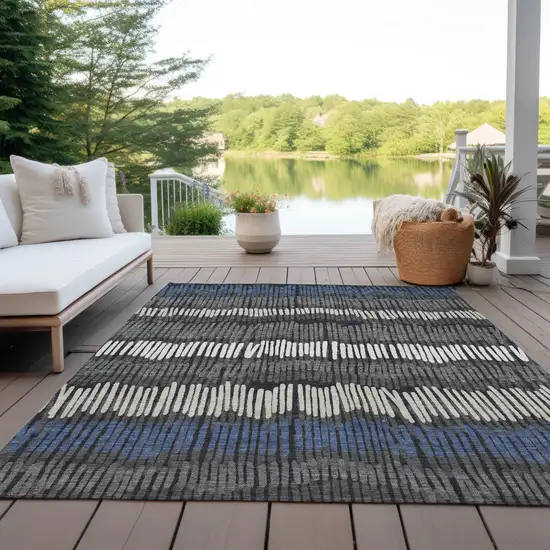 Charcoal Blue And Ivory Striped Washable Indoor Outdoor Area Rug Photo 7