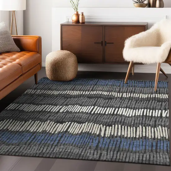 Charcoal Blue And Ivory Striped Washable Indoor Outdoor Area Rug Photo 8