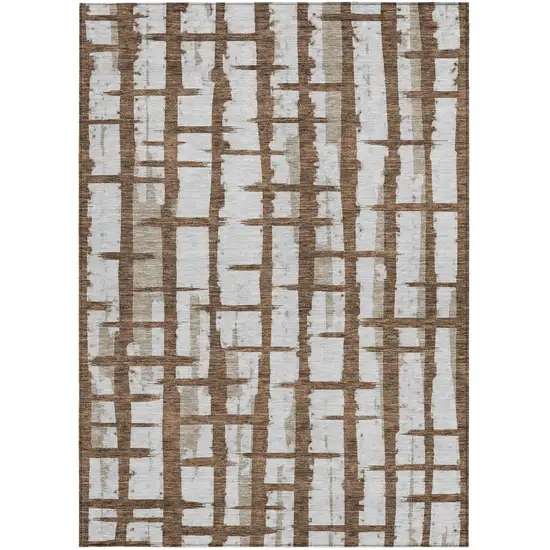 Chocolate And Beige Striped Washable Indoor Outdoor Area Rug Photo 7