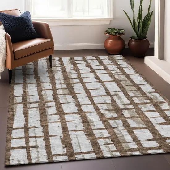 Chocolate And Beige Striped Washable Indoor Outdoor Area Rug Photo 9