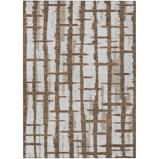 Chocolate And Beige Striped Washable Indoor Outdoor Area Rug Photo 2