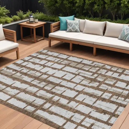 Chocolate And Beige Striped Washable Indoor Outdoor Area Rug Photo 1