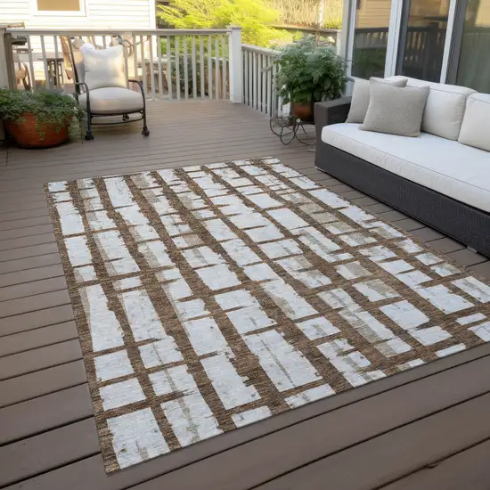 Chocolate And Beige Striped Washable Indoor Outdoor Area Rug Photo 8