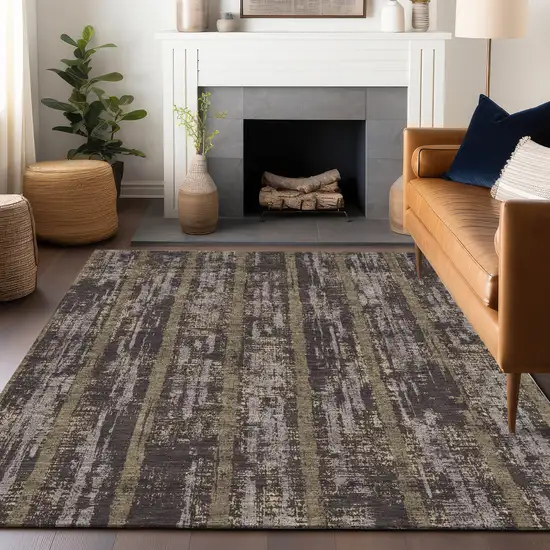 Chocolate And Beige Striped Washable Indoor Outdoor Area Rug Photo 9