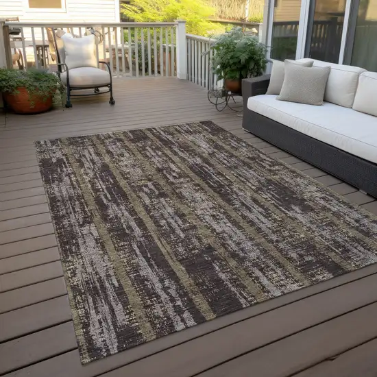 Chocolate And Beige Striped Washable Indoor Outdoor Area Rug Photo 8