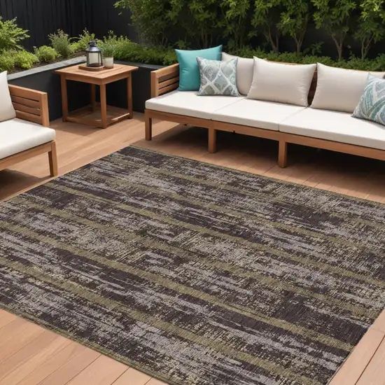 Chocolate And Beige Striped Washable Indoor Outdoor Area Rug Photo 1