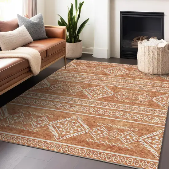 Copper And Ivory Southwestern Washable Indoor Outdoor Area Rug Photo 9