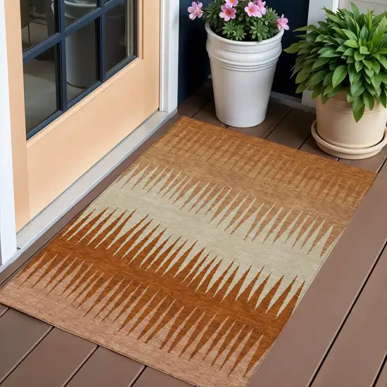 Copper Brown And Beige Striped Washable Indoor Outdoor Area Rug Photo 1