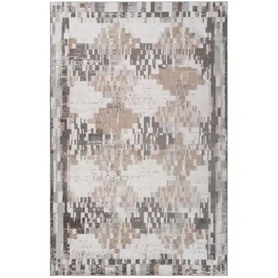 Cream and Brown Abstract Distressed Area Rug Photo 2