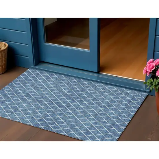 Denim Blue And Ivory Geometric Washable Indoor Outdoor Area Rug Photo 1