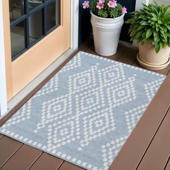 Denim Blue And Ivory Geometric Washable Indoor Outdoor Area Rug Photo 1
