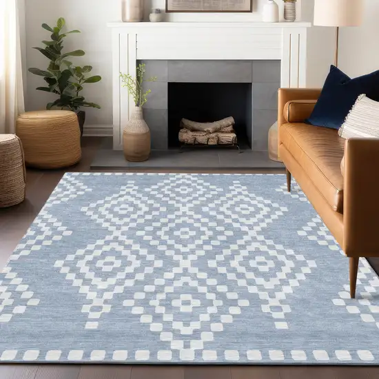Denim Blue And Ivory Geometric Washable Indoor Outdoor Area Rug Photo 9