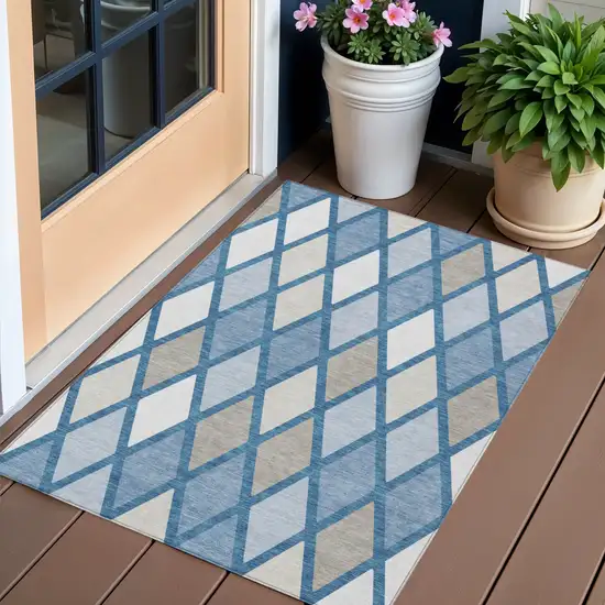 Denim Blue Beige And Ivory Geometric Washable Indoor Outdoor Area Rug Photo 1