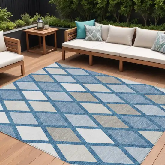 Denim Blue Beige And Ivory Geometric Washable Indoor Outdoor Area Rug Photo 1
