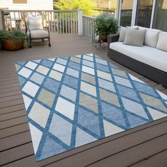 Denim Blue Beige And Ivory Geometric Washable Indoor Outdoor Area Rug Photo 8