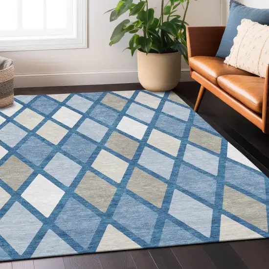 Denim Blue Beige And Ivory Geometric Washable Indoor Outdoor Area Rug Photo 9