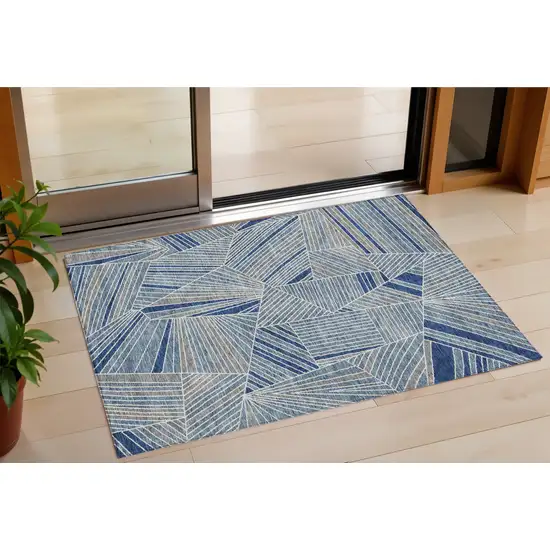 Denim Blue Gray And Ivory Geometric Washable Indoor Outdoor Area Rug Photo 1