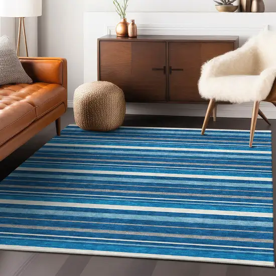 Denim Blue Gray And Ivory Striped Washable Indoor Outdoor Area Rug Photo 9